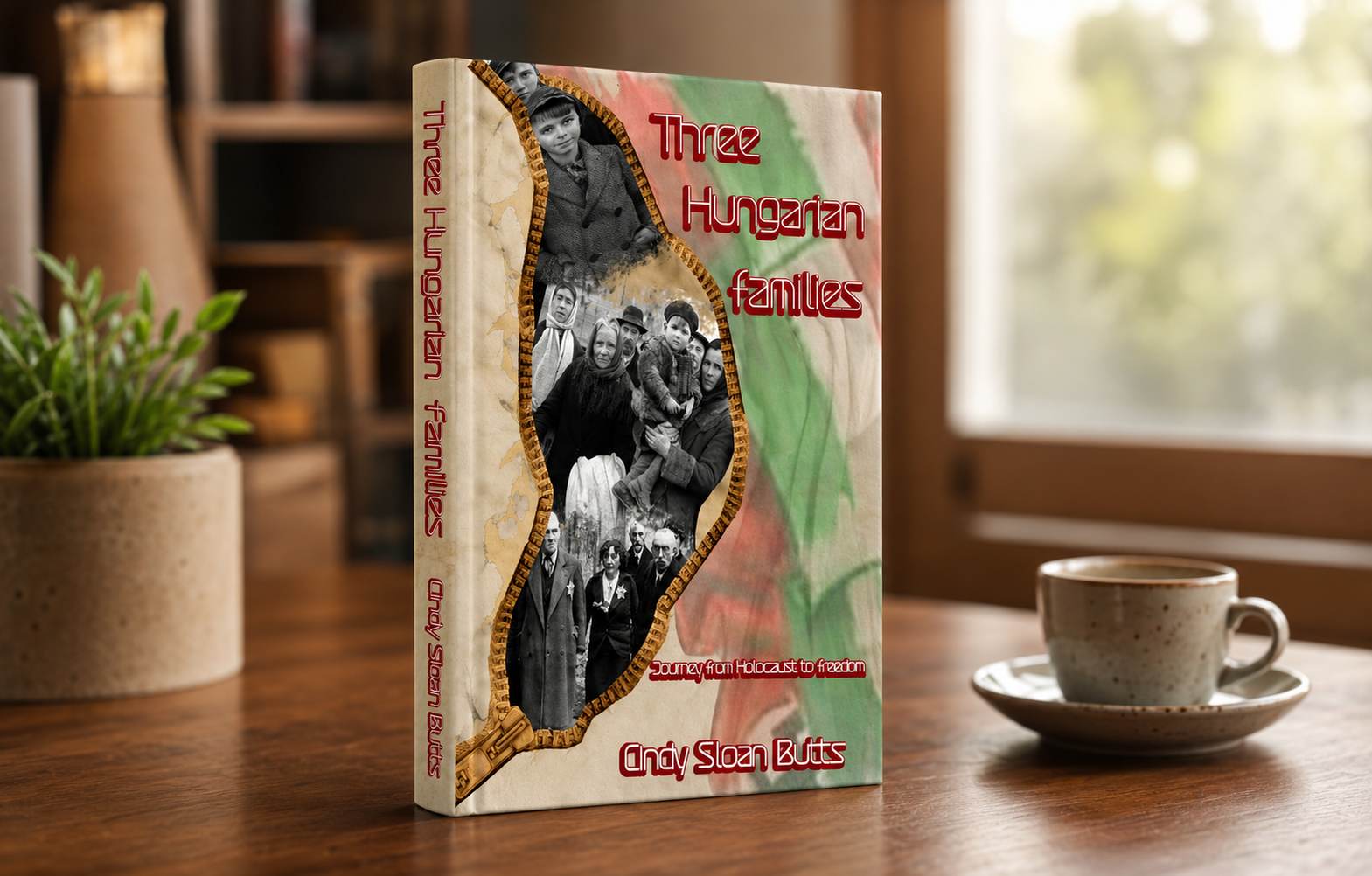 Hardcover edition of Three Hungarian Families standing on a dark wood table under a soft spotlight