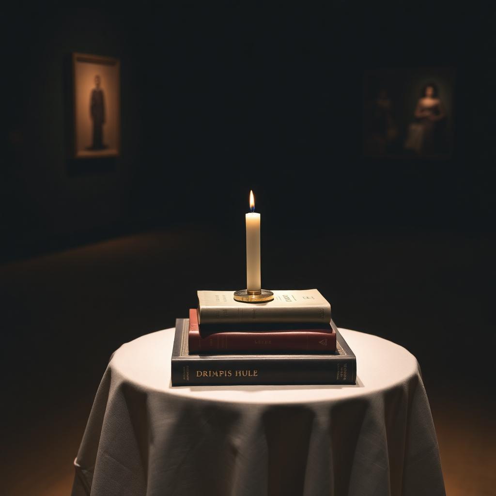 Curated display of three books beside a tall taper candle