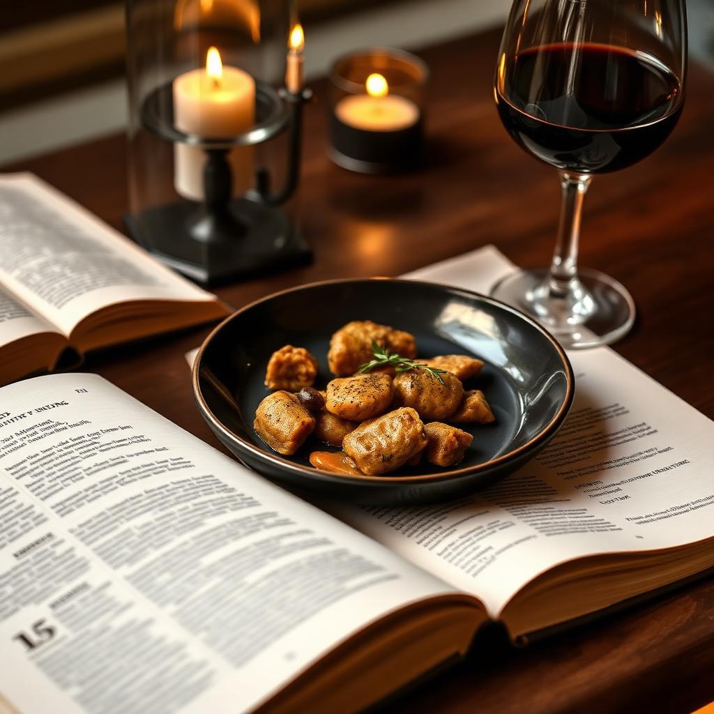 Plated course beside an open book and glass of wine