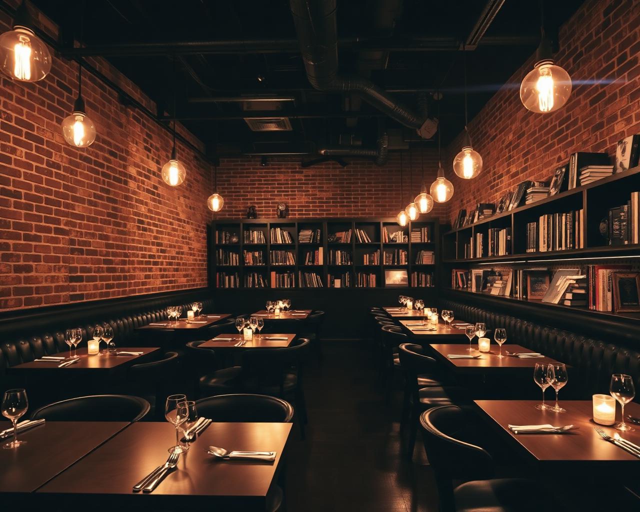 Intimate dining venue interior with bookshelves and warm lighting