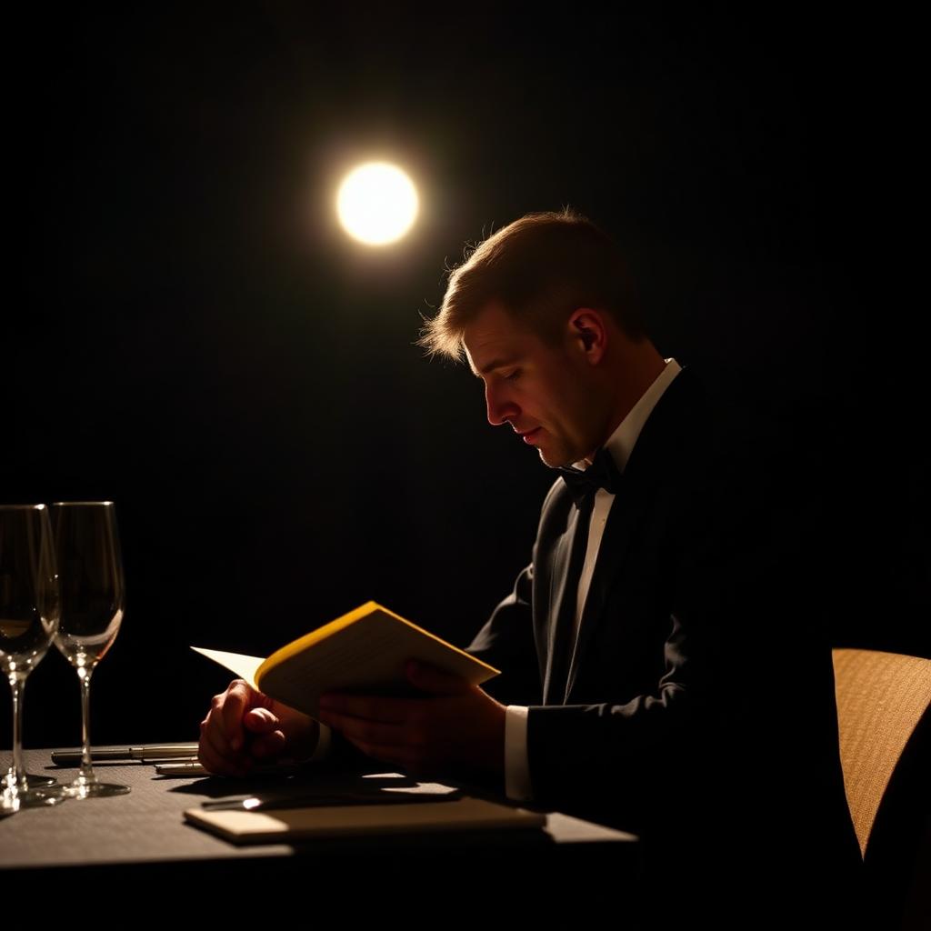 Guest reading under a single warm spotlight