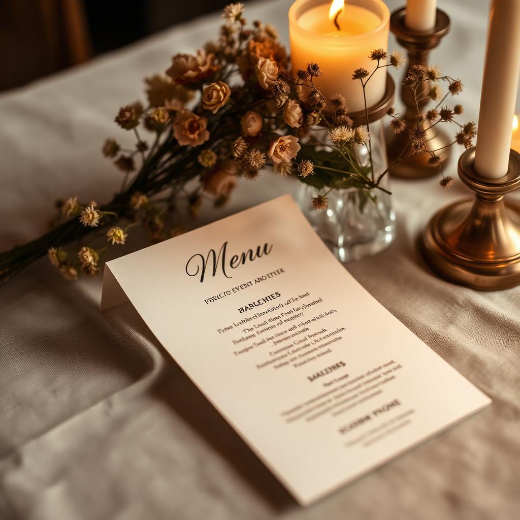 Detail of a printed event menu beside dried flowers